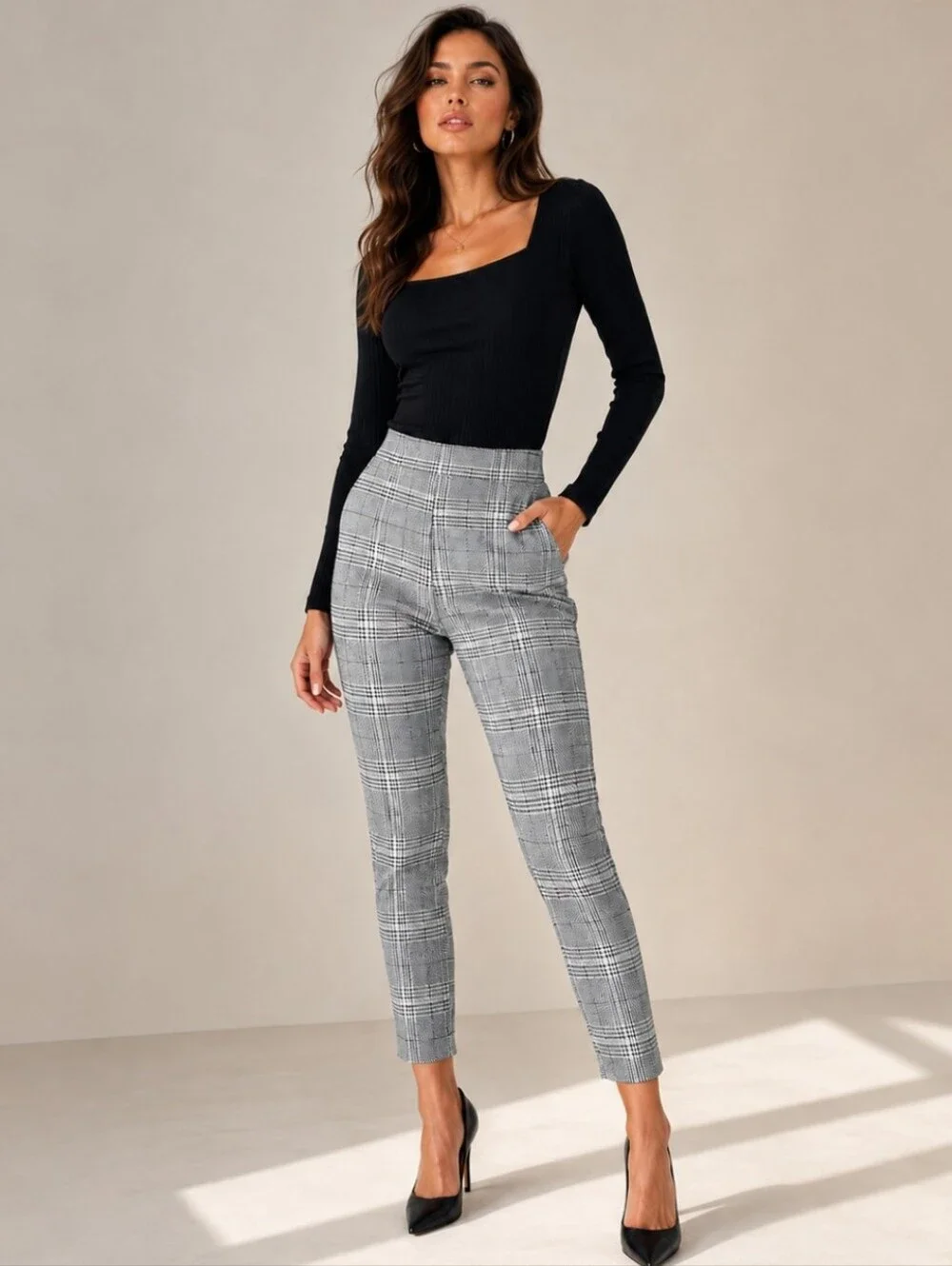 Lyssè Black White Red Houndstooth Plaid High Rise Stretch Ankle Pants Sz XL
